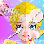 Postać z blond włosami jest poddawana zabiegom kosmetycznym na kolorowym, fantastycznym tle; widoczne są przybory do makijażu i pielęgnacji skóry