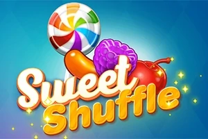 Kolorowe lizaki i owoce na niebieskim tle z napisami Sweet Shuffle
