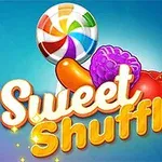 Kolorowe lizaki i owoce na niebieskim tle z napisami Sweet Shuffle