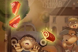 Dzieci patrzące z fascynacją na unoszące się kawałki ciasta w tle widać stary samochód i budynek