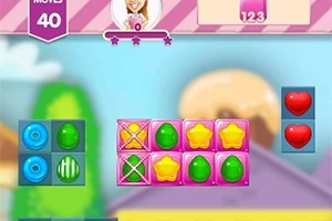 Kolorowe elementy w kształcie gwiazdek, kropli i serc na tle cukierkowej grafiki z licznikiem ruchów i wynikiem punktowym