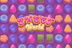 Kolorowe cukierki i napisy Sweet World na fioletowym tle