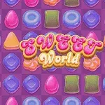 Kolorowe cukierki i napisy Sweet World na fioletowym tle