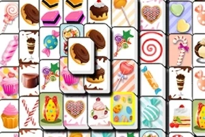 Kolorowe kafelki z grafikami słodyczy, takich jak ciastka, lizaki, i muffiny, ułożone w warstwowy wzór
