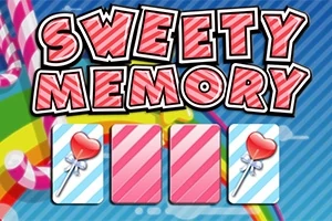 Kolorowy napis Sweety Memory nad trzema kartami z obrazkami lizaków w kształcie serca i tłem w paski