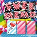 Kolorowy napis Sweety Memory nad trzema kartami z obrazkami lizaków w kształcie serca i tłem w paski