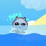 Kreskówkowy stworek z dużymi oczami pływa w błękitnej wodzie, z chmurami i żółtym wzgórzem w tle