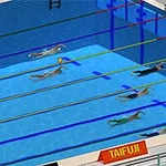 Wyścig pływaków w basenie z zaznaczonymi torami i żywymi kolorami