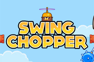 Niebieskie tło z białymi chmurami, duży żółty napis SWING CHOPPER oraz postać z kaskiem i rotorem w górnej części obrazu