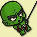 Zielony kreskówkowy goblin z czarnymi brwiami i delikatnymi cieniami trzyma liny na jasnym tle z drzewami po bokach