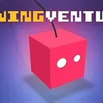 Czerwony sześcian z dwoma białymi oczami i sznurkiem na ciemnoniebieskim tle z napisem SWING VENTURE u góry