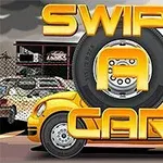 Żółty samochód na tle ogrodzenia z widocznym dużym napisem z oponą w centrum