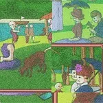 Surrealistyczna ilustracja z postaciami na zielonym tle z elementami krajobrazu i fragmentami postaci w kapeluszach