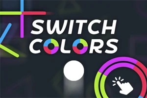 Kolorowe paski i napis SWITCH COLORS na ciemnym tle z białym okręgiem i ikoną dłoni w okręgu