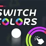 Kolorowe paski i napis SWITCH COLORS na ciemnym tle z białym okręgiem i ikoną dłoni w okręgu