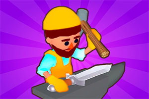 Kreskówkowy kowal z brodą, w żółtej czapce i rękawicach, bije młotem w miecz na kowadle na fioletowym tle