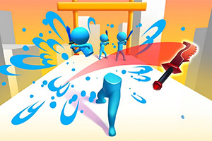 Niebieskie postacie biegnące po białej platformie z kolorowymi eksplozjami i unoszącym się czerwonym ostrzem na tle jasnego, miejskiego krajobrazu