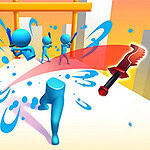 Niebieskie postacie biegnące po białej platformie z kolorowymi eksplozjami i unoszącym się czerwonym ostrzem na tle jasnego, miejskiego krajobrazu