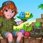 Dziewczyna w zielonym ubraniu siedzi na murku z kolorowymi, futrzastymi stworzeniami na tle tropikalnego krajobrazu