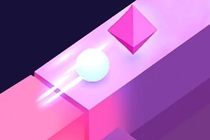 Kulista biała kula poruszająca się po różowym torze z przeszkodą w postaci różowego ostrosłupa