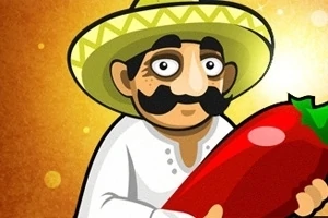 Mężczyzna w sombrero z wąsami trzyma duże czerwone chili na żółtym tle