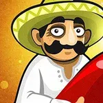 Mężczyzna w sombrero z wąsami trzyma duże czerwone chili na żółtym tle