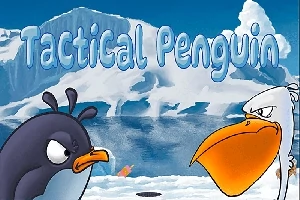 Dwa rysunkowe ptaki, pingwin i mewa, stoją naprzeciwko siebie na tle arktycznego krajobrazu z górami lodowymi, a nad nimi widnieje napis Tactical Penguin