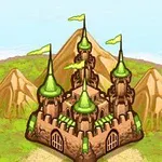 Zamek z zielonymi wieżyczkami i flagami, otoczony zielonymi wzgórzami na tle błękitnego nieba