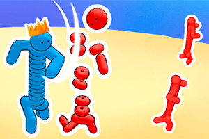 Niebieska postać w koronie walczy z kilkoma czerwonymi postaciami na kolorowym tle