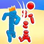 Niebieska postać w koronie walczy z kilkoma czerwonymi postaciami na kolorowym tle