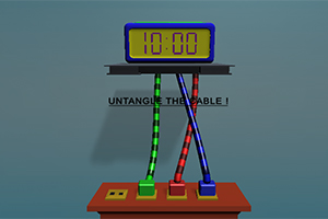 Kolorowe kable plączą się pod zegarem pokazującym czas 10:00 z napisem UNTANGLE THE CABLE!