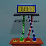 Kolorowe kable plączą się pod zegarem pokazującym czas 10:00 z napisem UNTANGLE THE CABLE!