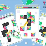 Kolorowe elementy tangramu układane na trzech pionowych ekranach na tle w pastelowych barwach, z animowaną ręką wskazującą układanie kształtów