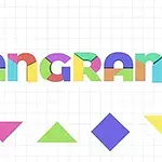 Kolorowe litery układające się w słowo TANGRAM oraz pięć geometrycznych kształtów na białym tle siatki