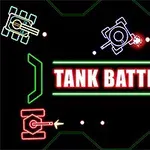 Kolorowe, neonowe sylwetki czołgów wokół napisu TANK BATTLE