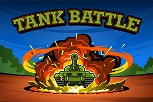 Czołg wyłaniający się z eksplozji na tle nieba i lasu z napisem TANK BATTLE