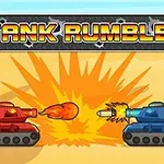 Dwa kolorowe czołgi, czerwony i niebieski, strzelają do siebie na pustynnym tle z wybuchem w środku oraz napisem Tank Rumble u góry