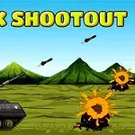 Czarny czołg na tle gór z wybuchami i pociskami na niebie