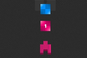 Niebieski kwadrat u góry, różowy kwadrat z cyfrą 1 pośrodku i różowy obiekt przypominający statek na dole, na czarnym tle