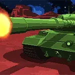 Zielony pikselowy czołg strzelający na czerwonym, marsjańskim krajobrazie z gwiaździstym niebem w tle