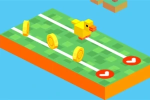 Żółty kaczor biegnie po trójwymiarowej trasie z białymi liniami i monetami na zielonej platformie