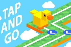 Żółty, pikselowy ptak poruszający się po zielonej, geometrycznej platformie z napisami TAP AND GO na niebieskim tle z chmurami