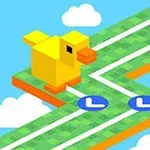 Żółty, pikselowy ptak poruszający się po zielonej, geometrycznej platformie z napisami TAP AND GO na niebieskim tle z chmurami