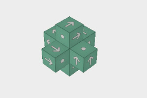 Sześcian składający się z mniejszych zielonych kostek z białymi strzałkami i kropkami na ściankach