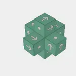 Sześcian składający się z mniejszych zielonych kostek z białymi strzałkami i kropkami na ściankach