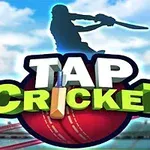 Sylwetka gracza w krykieta z kijem nad napisem Tap Cricket na tle nieba i stadionu