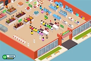 Wnętrze kolorowego supermarketu z półkami pełnymi produktów i ludzikami przeglądającymi czy stojącymi przy kasach