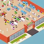 Wnętrze kolorowego supermarketu z półkami pełnymi produktów i ludzikami przeglądającymi czy stojącymi przy kasach