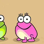 Dwie kreskówkowe żaby, zielona i różowa, z dużymi oczami na beżowym tle