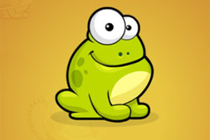 Zielona, uśmiechnięta żaba z dużymi oczami na żółtym tle